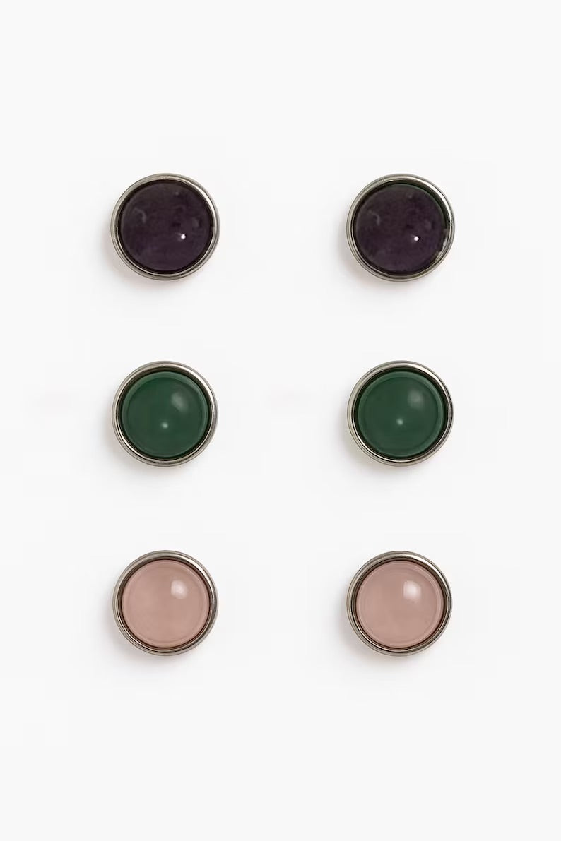Amethyst, Green Aventurine, and Rose Quartz Stud Earrings (Individual & Trio Set)