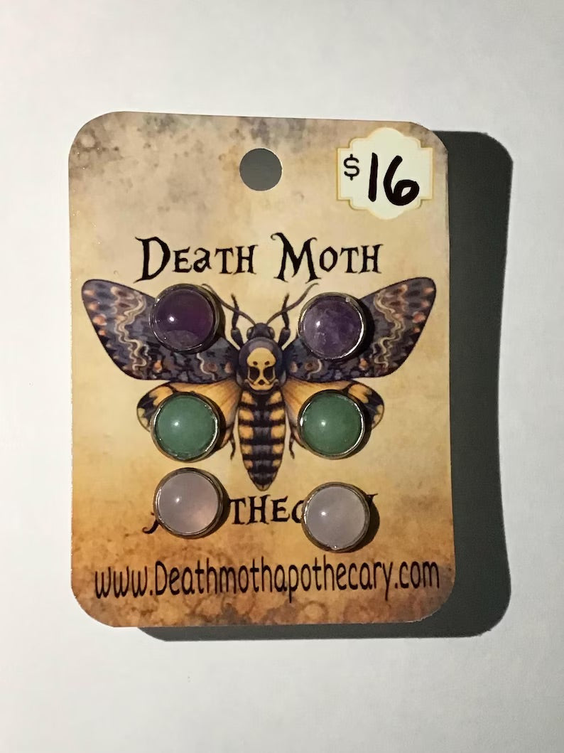 Amethyst, Green Aventurine, and Rose Quartz Stud Earrings (Individual & Trio Set)